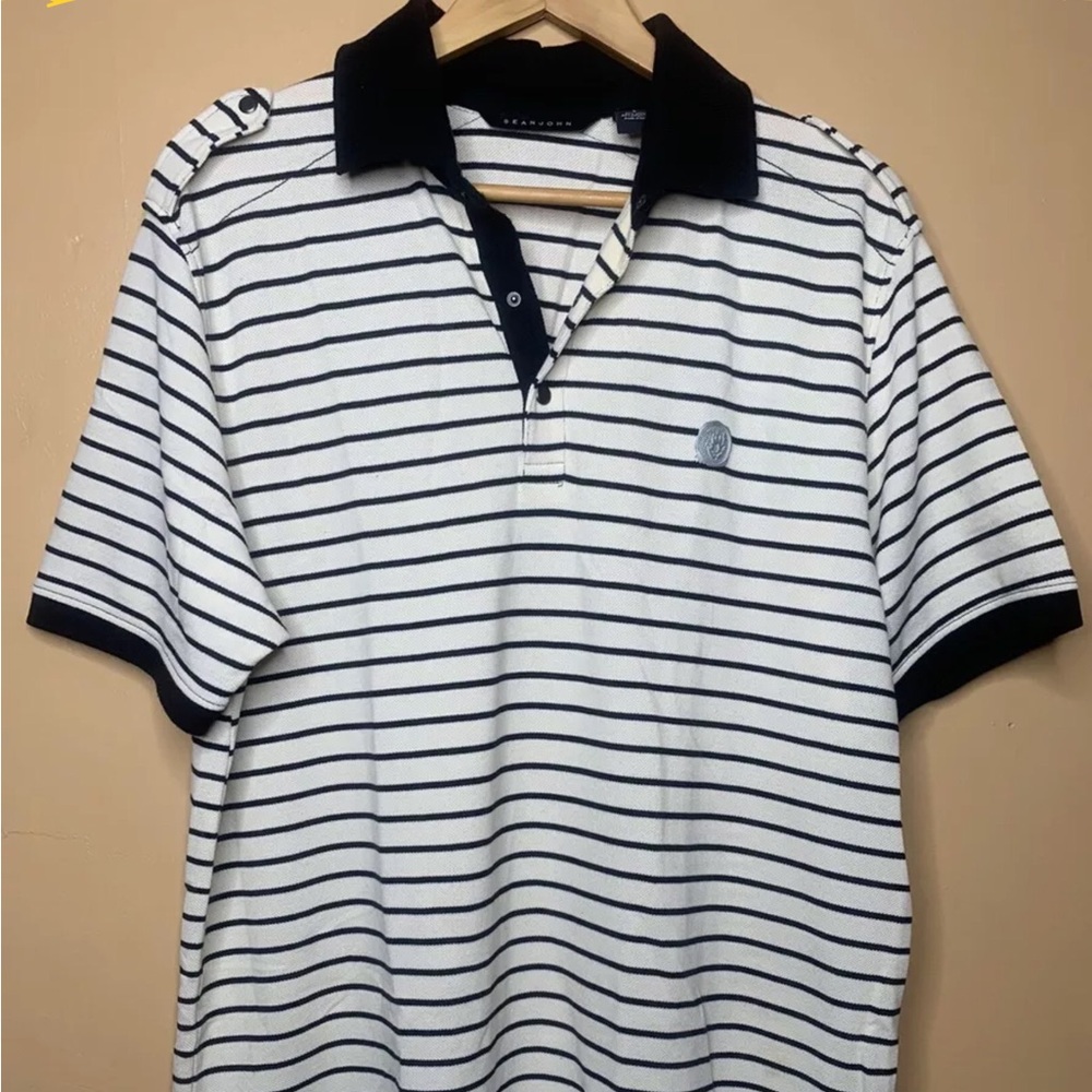 Sean John Shirt Polo Collared Black White Striped Short Sleeve